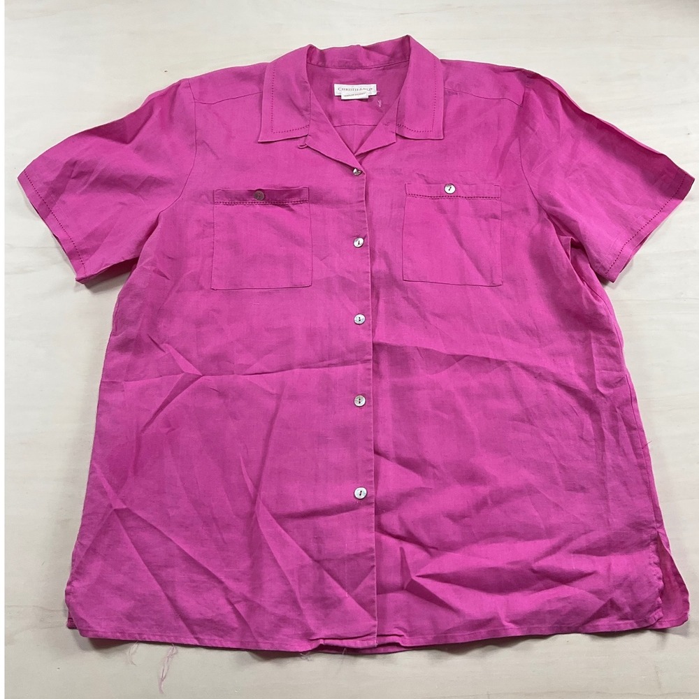 Vintage Christie & Jill Magenta Pink100% Linen Short Sleeve Button Down Shirt XL